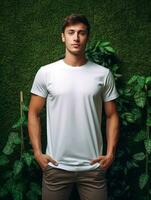 Hommes Vide blanc T-shirt pour maquette conception ai génératif photo