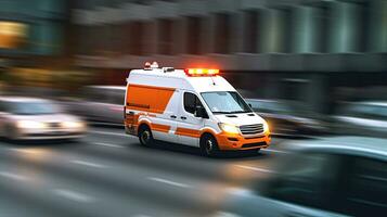 une médical urgence ambulance conduite pendant circulation confiture sur ville route. se ruer heure concept. ambulance. génératif ai photo