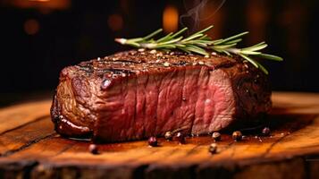 pièce de grillé moyen rare steak avec épices sur en bois planche. génératif ai photo