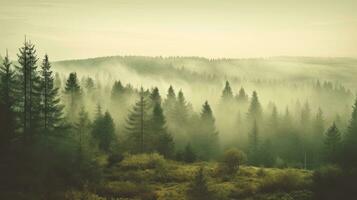 brumeux paysage avec sapin forêt dans ancien rétro style, la nature Contexte. généreux ai photo