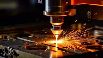 cnc gaz Coupe métal feuille, En traitement et laser Coupe pour métal dans le industriel. génératif ai photo