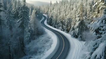 une courbée venteux route dans neige couvert forêt. Haut voir. génératif ai photo