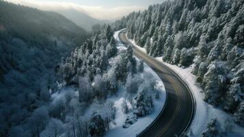 une courbée venteux route dans neige couvert forêt. Haut voir. génératif ai photo