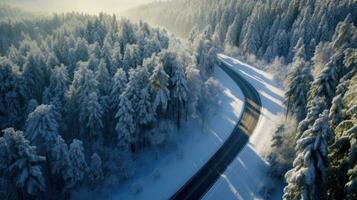 aérien vue de courbée venteux route dans neige couvert forêt. génératif ai photo