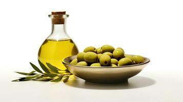 bol de olive pétrole et vert Olives avec feuilles isolé sur blanc Contexte. génératif ai photo