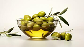 bol de olive pétrole et vert Olives avec feuilles isolé sur blanc Contexte. génératif ai photo