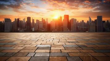 vide brique sol avec paysage urbain et horizon Contexte. génératif ai photo