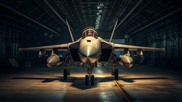 une militaire combattant jet avion garé dans militaire hangar à le base force aérienne pour militaire mission. génératif ai photo