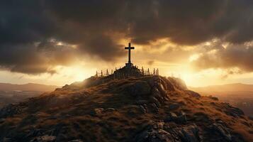 apocalypse, saint traverser avec le ciel au dessus Golgotha colline couvert avec lumière et des nuages. génératif ai photo