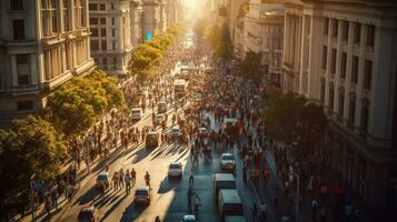 aérien vue de foule gens des promenades sur une affaires rue piéton dans le ville. flou affaires gens en marchant sur une rue. génératif ai photo