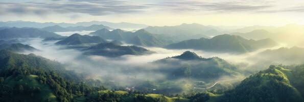 aérien vue de brumeux paysage dans le jungle. brouillard et nuage Montagne tropique vallée paysage. génératif ai photo