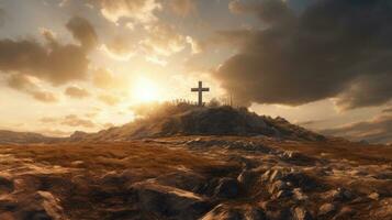 apocalypse, saint traverser avec le ciel au dessus Golgotha colline couvert avec lumière et des nuages. génératif ai photo