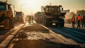 asphalte route construction. route ouvriers et construction machinerie sur le construction placer. génératif ai photo