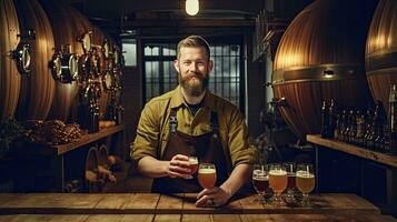 une brasseurs échantillon artisanat Bière dans une Brasserie avec une grand collection de chêne barils. génératif ai photo