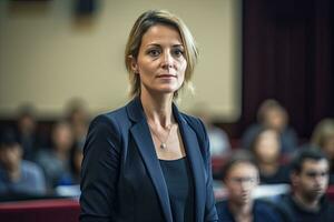 une femme d'affaires livrer une entreprise présentation à une séminaire ou conférence. génératif ai photo