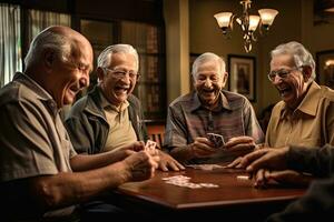 joyeux groupe de les personnes âgées en jouant cartes et partage rire dans une retraite allaitement maison, camaraderie et jouissance créer une chaud et animé atmosphère dans le communauté vivant espace. génératif ai photo