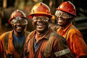 content de ouvriers travail à une brut pétrole Bien. génératif ai photo