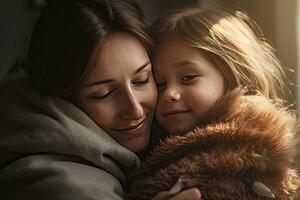 une mère est étreindre sa enfant avec l'amour et chaleur à maison. génératif ai photo