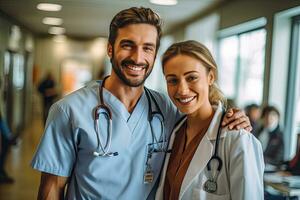 une content médecin avec une magnifique infirmière dans une hôpital. génératif ai photo