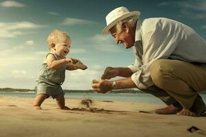 content grand-père en jouant avec petit fils sur plage. produire ai photo