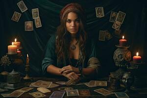 une magnifique tarot lecteur ou fortune caissier en train de lire et prévision concept. gitan carte. génératif ai photo