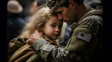 affectueux militaire réunion entre père et fille, père étreindre enfant. génératif ai. photo