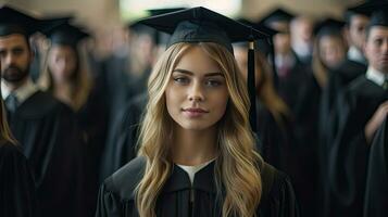 une Jeune femelle souriant diplômé contre le Contexte de Université diplômés. génératif ai photo