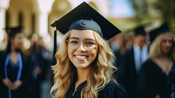 une Jeune femelle souriant diplômé contre le Contexte de Université diplômés. génératif ai photo