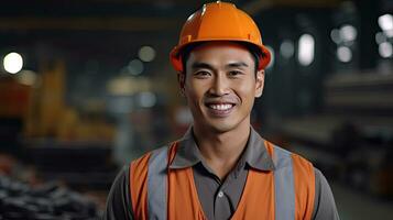 asiatique Masculin ingénieur dans sécurité gilet et casque. professionnel asiatique homme travail dans le moderne fabrication usine. génératif ai photo