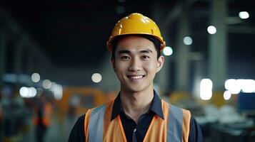 asiatique Masculin ingénieur dans sécurité gilet et casque. professionnel asiatique homme travail dans le moderne fabrication usine. génératif ai photo