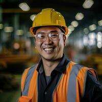 asiatique Masculin ingénieur dans sécurité gilet et casque. professionnel asiatique homme travail dans le moderne fabrication usine. génératif ai photo