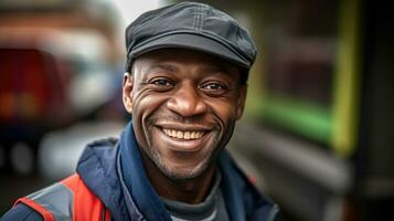 une souriant Masculin livraison ouvrier dans de face de le sien van. transport. génératif ai photo