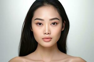 asiatique femmes portrait, magnifique Jeune asiatique femme avec nettoyer Frais peau sur blanc arrière-plan, visage se soucier, faciale traitement, cosmétologie, beauté et spa. génératif ai photo
