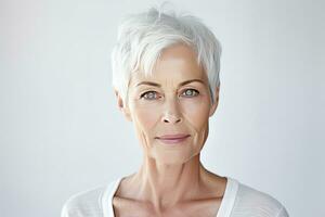 magnifique magnifique Années 50 milieu vieilli mature femme à la recherche à caméra isolé sur blanche. mature vieux Dame proche en haut portrait. en bonne santé visage peau se soucier beauté, milieu âge soin de la peau produits de beauté. génératif ai photo