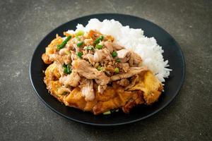 porc sauté à l'ail et œuf garni de riz - style cuisine asiatique