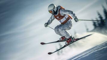 une skieur ski. sauter skieur. planche a neige. extrême hiver des sports. skieur ski une descente pendant ensoleillé journée dans haute montagnes. génératif ai photo