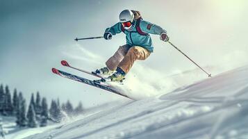 une skieur ski. sauter skieur. planche a neige. extrême hiver des sports. skieur ski une descente pendant ensoleillé journée dans haute montagnes. génératif ai photo