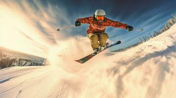 une skieur ski. sauter skieur. planche a neige. extrême hiver des sports. skieur ski une descente pendant ensoleillé journée dans haute montagnes. génératif ai photo