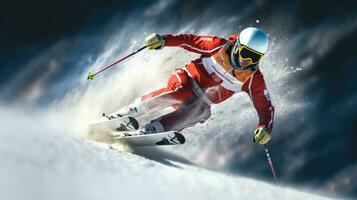 une skieur ski. sauter skieur. planche a neige. extrême hiver des sports. skieur ski une descente pendant ensoleillé journée dans haute montagnes. génératif ai photo