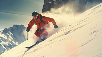 une skieur ski. sauter skieur. planche a neige. extrême hiver des sports. skieur ski une descente pendant ensoleillé journée dans haute montagnes. génératif ai photo