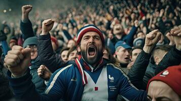 français ventilateur, célébrer le succès. partisans acclamation dans gradin dans français le rugby rencontre 2023. génératif ai photo