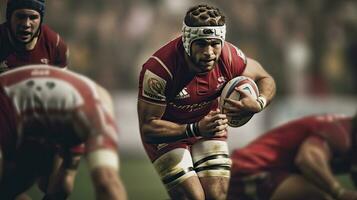 le rugby joueur dans possession de le Balle et tenter à avance. génératif ai photo