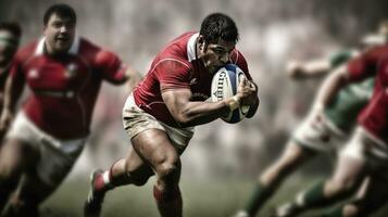 le rugby joueur dans possession de le Balle et tenter à avance. génératif ai photo