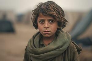 une pauvres regarder faim orphelin garçon dans une réfugié camp avec une triste expression sur le sien visage et le sien visage et vêtements sont sale et le sien yeux sont plein de douleur. génératif ai photo