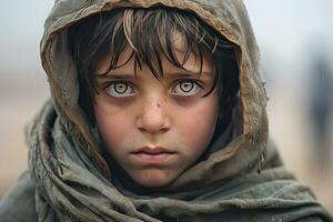 une pauvres regarder faim orphelin garçon dans une réfugié camp avec une triste expression sur le sien visage et le sien visage et vêtements sont sale et le sien yeux sont plein de douleur. génératif ai photo