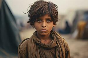 une pauvres regarder faim orphelin garçon dans une réfugié camp avec une triste expression sur le sien visage et le sien visage et vêtements sont sale et le sien yeux sont plein de douleur. génératif ai photo