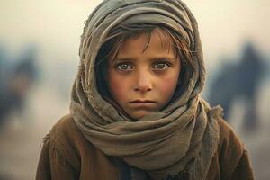 une pauvres regarder faim orphelin garçon dans une réfugié camp avec une triste expression sur le sien visage et le sien visage et vêtements sont sale et le sien yeux sont plein de douleur. génératif ai photo