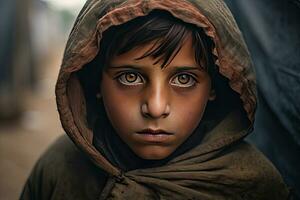 une pauvres regarder faim orphelin garçon dans une réfugié camp avec une triste expression sur le sien visage et le sien visage et vêtements sont sale et le sien yeux sont plein de douleur. génératif ai photo