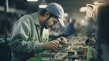 une Masculin électronique usine ouvrier assemblage les smartphones avec Tournevis. haute technologie usine établissement avec plus des employés dans le Contexte. génératif ai photo