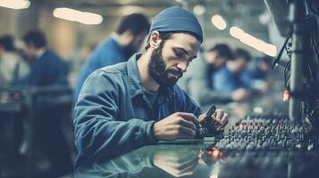 une Masculin électronique usine ouvrier assemblage les smartphones avec Tournevis. haute technologie usine établissement avec plus des employés dans le Contexte. génératif ai photo